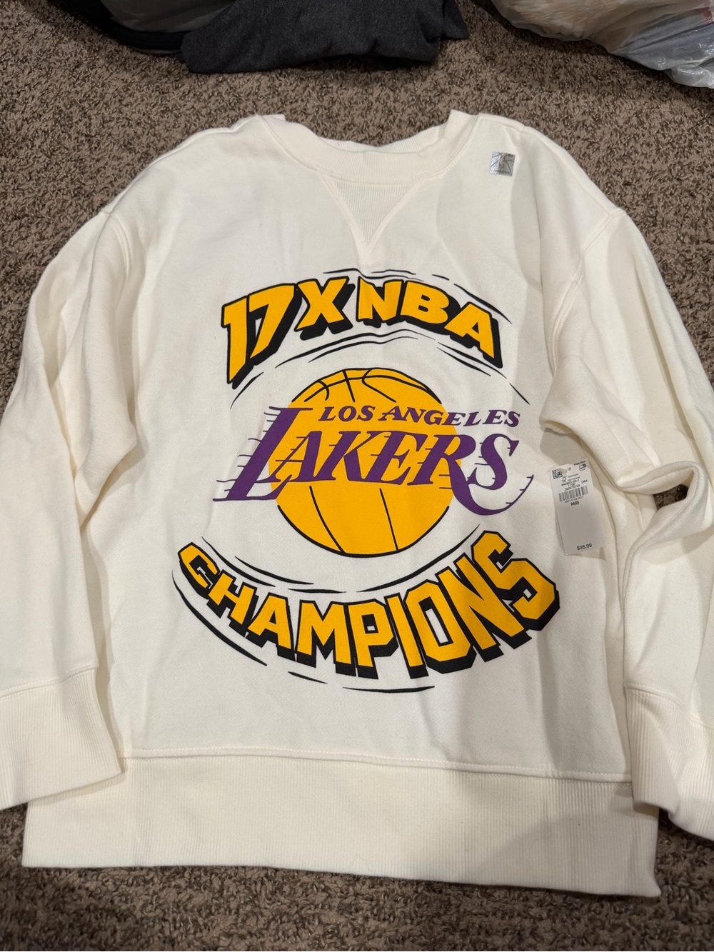 Mitchell & Ness Los Angeles Lakers Cream Sweatshirt with Purple & Gold Graphics